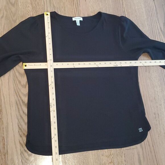 CALVIN KLEIN BLACK SHEER PUFF SLEEVE KNIT TOP SIZE LARGE MINIMALIST CAPSULE - Picture 9 of 10